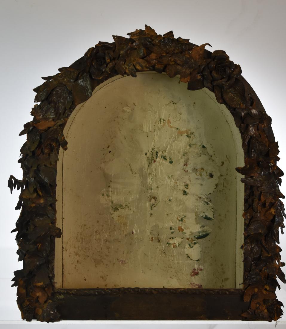 Victorian Shadow Box: Item measures approx. 19"h x 18:w. It is soft wood construction and is decorated with leather leaves and flowers. There is some loss to the leather consistent with age and usage and item needs to be c