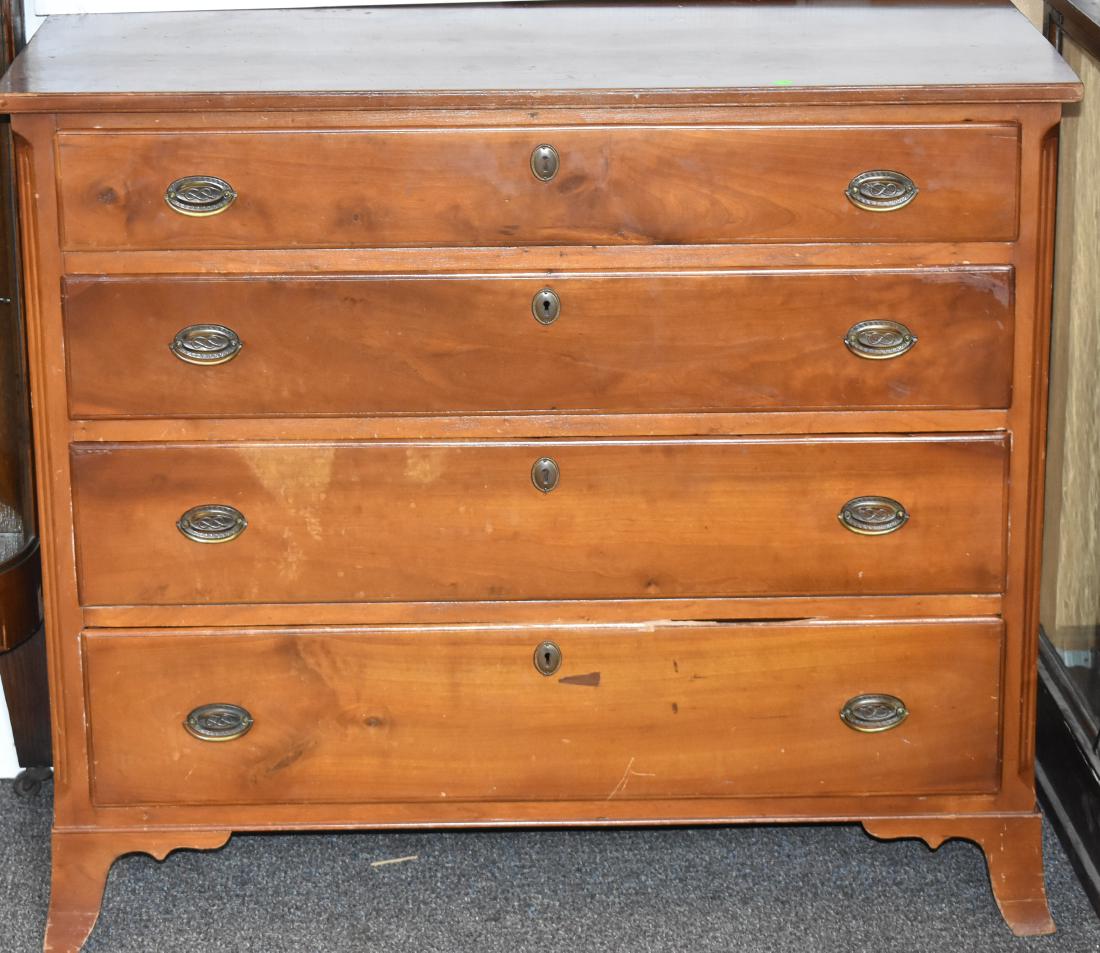 19th Century Country Hepplewhite Chest: Item measures approx. 36"h x 41"w x 20"d. It is a four drawer chest with early brasses, lamb's tongue trim on edges of case, cherry construction and stands on a country Hepplewhite bracket foot.