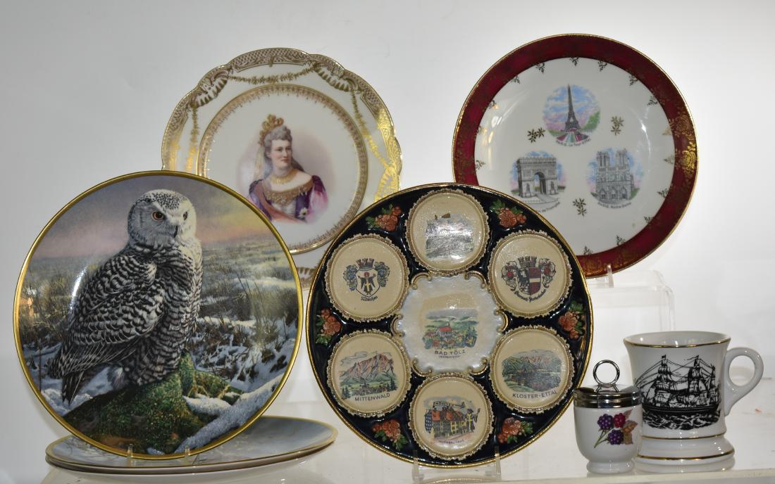 Limoges Portrait Plate and Other China: Includes an 8 1/2"dia Limoges portrait plate, a shaving mug with a tall ship, three contemporary Spode "Noble Owls of America" collector plates and an English egg cup.
