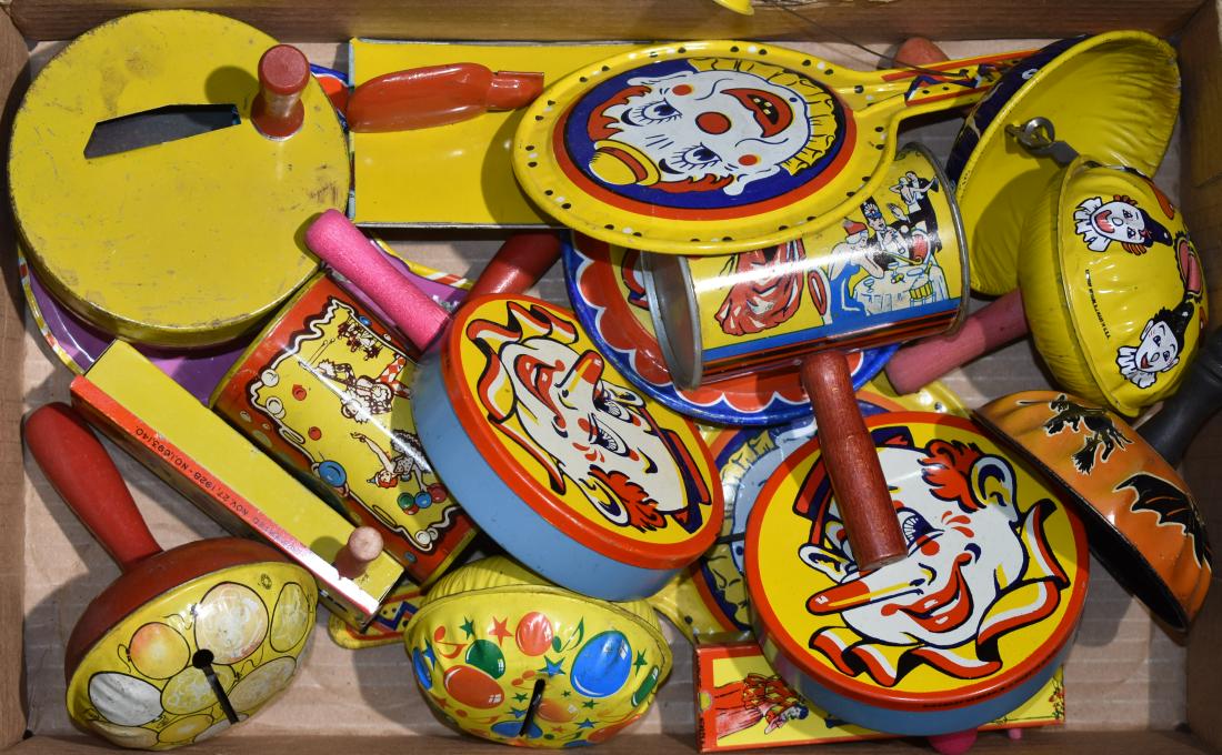 Vintage Noise Makers with Wooden Handles: Including a Halloween noise maker marked "Kirchhof", noise makers marked "Made in USA", noise makers marked "Life of the Party" and other vintage noise makers. Approx. eighteen total items.