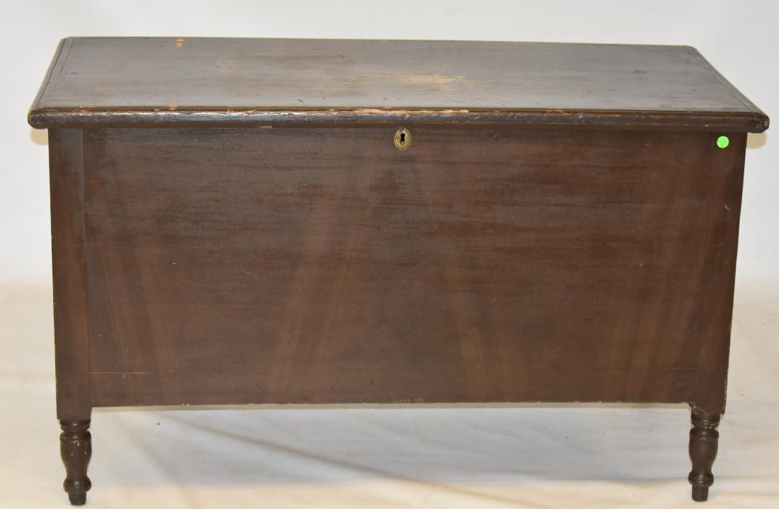 19th Century Decorated Sheridan Blanket Chest: Item measures approx. 27"h x 47"w x 21"d. It is pine construction, stands on a well turned foot, dates to the mid 19th century and has scars on the top.