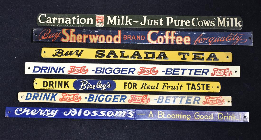 Vintage Tin Advertising Nameplates: Lot consists of seven tin nameplates including two Pepsi Cola, Cherry Blossoms, Salada Tea, Bireley's, Carnation milk and Sherwood coffee.