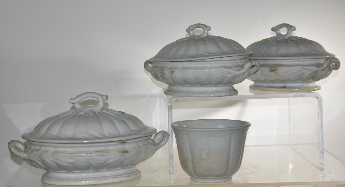 Grouping of White Ironstone: Including three covered vegetables and a waste bowl. All are in the wheat pattern.