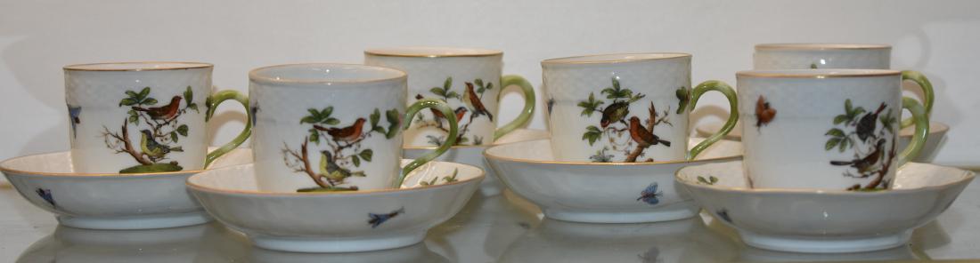 Set of Six Rothchild's Bird Demi Tasses: All items have gold flashing with a basket weave and are marked "Hungary" with the Herend symbol.