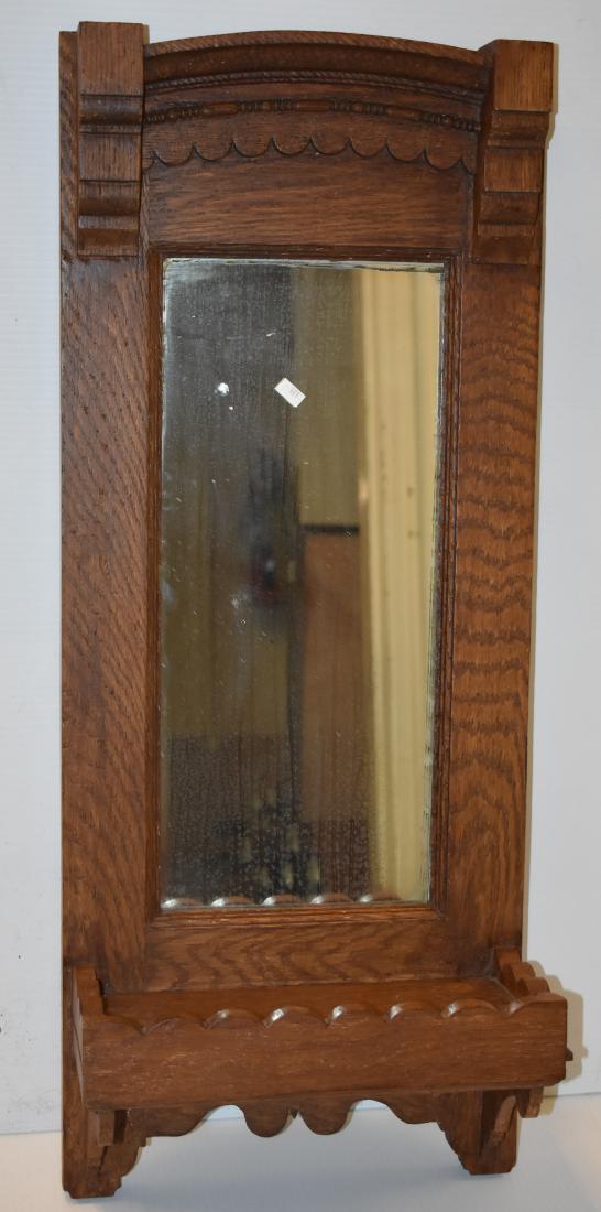 Oak Victorian Shelf with Mirror: Item measures approx. 31"h x 13"w. It is constructed of solid oak. has the original mirror and a shelf for accessories.