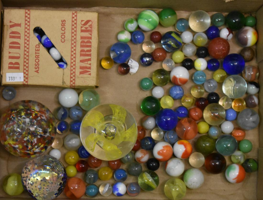 Marbles and Paperweights: Including a collection of vintage marbles and three paperweights.