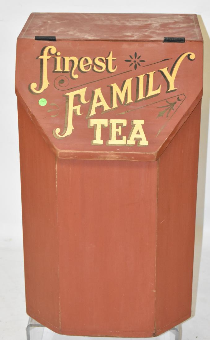 Country Tea Bin: Item measures approx. 30"h x 18"w x 18"d. It is pine construction and dates to the early 20th century but has been painted and restored.