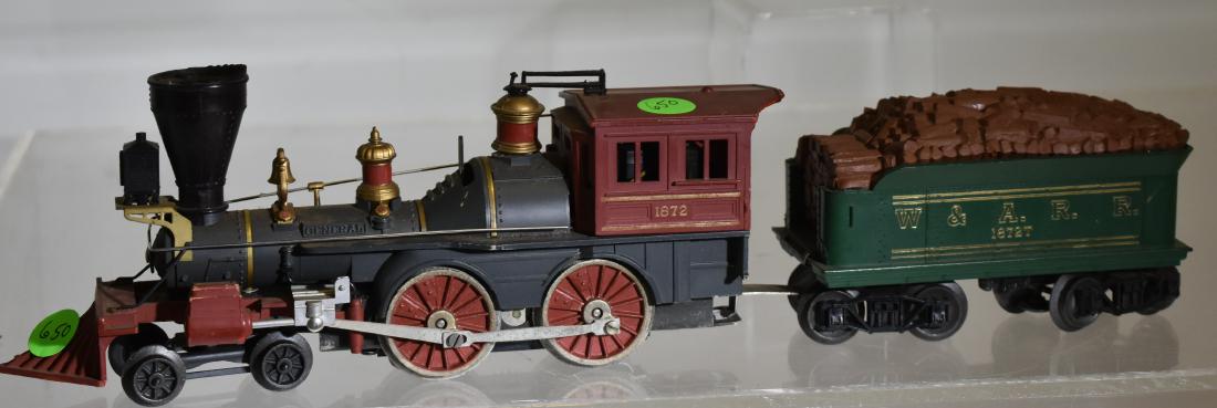 Lionel General Engine & Tender: Engine has loss to te car. It is a #1872.. The tender is marked "W & A.R.R. 1872T". Note: the engine has other minor flaws.
