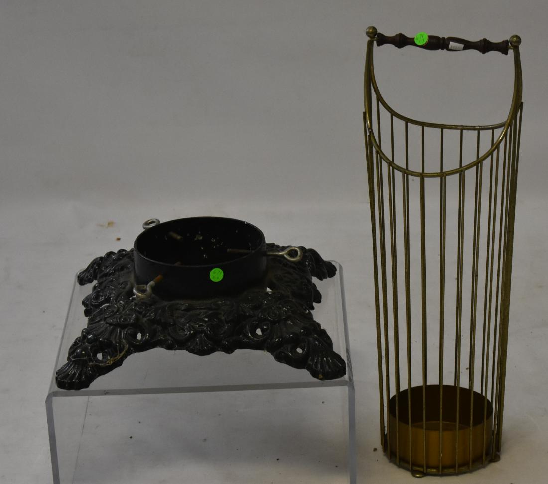 Vintage Umbrella and Christmas Tree Stand: Umbrella stand measures approx. 25"h is mid 20th century and comes with a heavy cast iron Christmas tree stand.