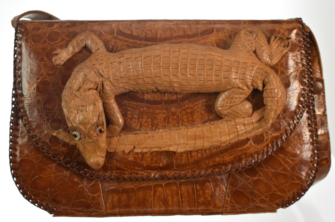Cuban Full Body Alligator Purse: Item measures approx. 7 1.2"h. Purse has full alligator on flap and is marked "Made in Cuba." Condition consistent with use.
