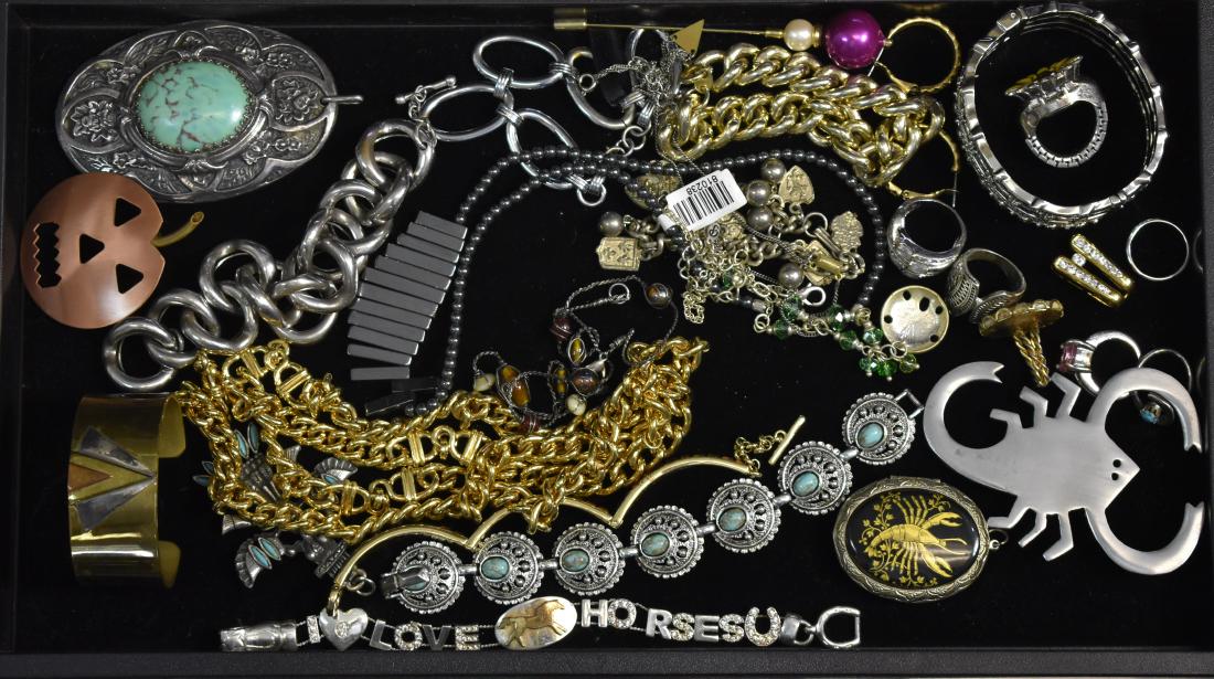 Contemporary Costume Jewelry: Including Native American turquoise jewelry, a scorpion brooch and locket, a large gold tone necklace and various rings and bracelets.