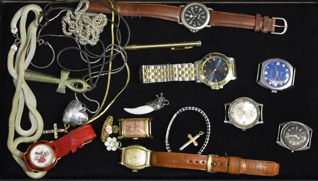 Vintage Watches and Jewelry: Including a square Bulova watch, a Criterion watch, a men's "Hormilton" Electra, necklaces with pendants and a small gold tone pencil.