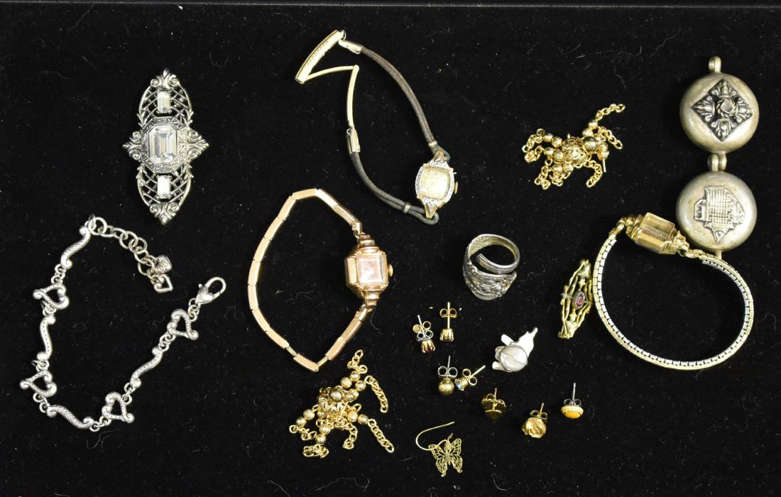 Vintage Watches and Jewelry: Including three vintage lad's Bulova watches, a pendant with large rhinestones, various earrings and a locket.