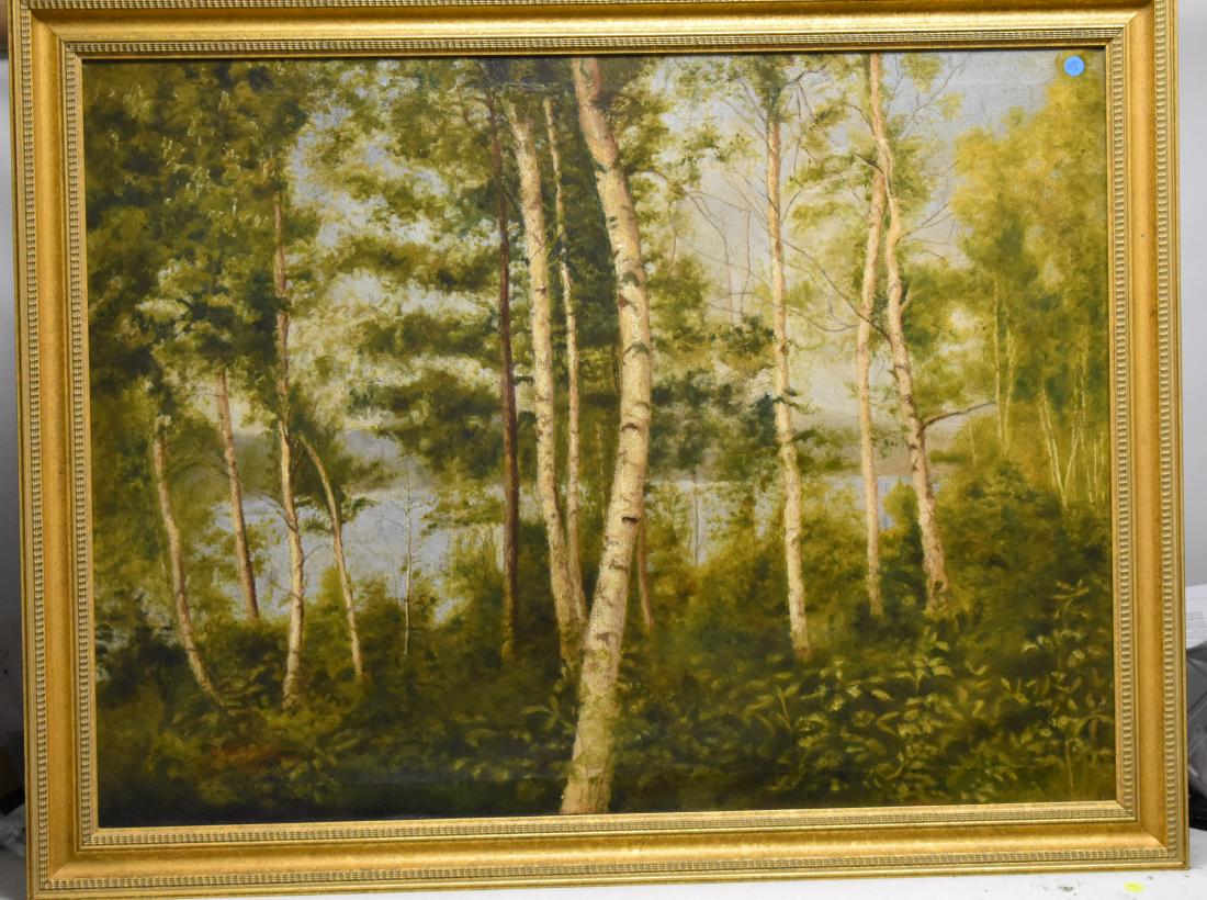 Oil on Canvas of a Forest Scene "K. Anderson"1915: Exposed area measures approx. 29"h x 39"w. It depicts birch trees around a lake. Item is professionally framed. Item is signed and dated lower left.