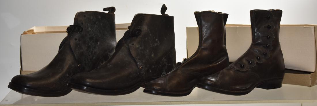 Two Pair of Vintage Shoes: Including a pair of button hook shoes marked "Our A1 Kangaroo Calf Every Pair Warranted" and a pair of children's low boots with a metal locking buckle. Both pair are in plain boxes.