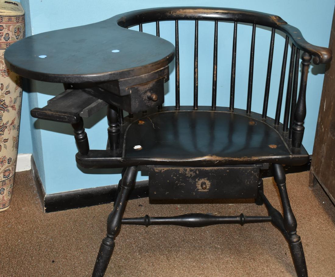 W. Wallick Windsor Writing Chair: Windsor Writing Chair with 2 drawers, in black paint made by William Wallick in 1980. Chair is signed on bottom. Has a drawer that releases when the candle stand shelf is pulled out. Also has a drawer