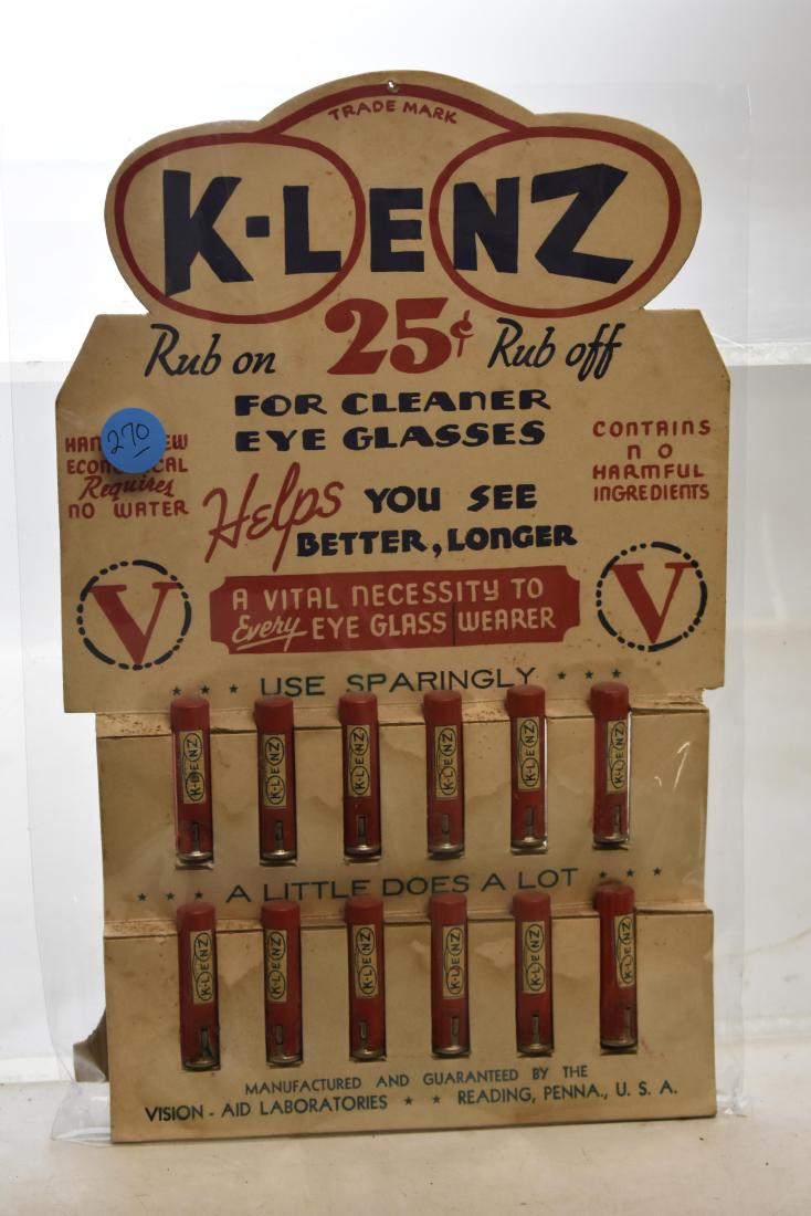 Vintage "K-Lenz" Eye Glass Cleaner Display: Item measures approx. 12"h. It is a paper stand up display and is complete with contents.
