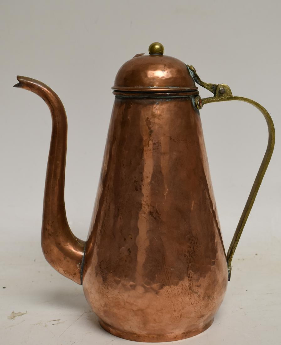 Hand Hammered Copper Teapot: Item measures approx. 9"h. It has a dove tailed copper body with brass hardware and is marked on the handle "COLUCO Hand Made Green, Mass.".