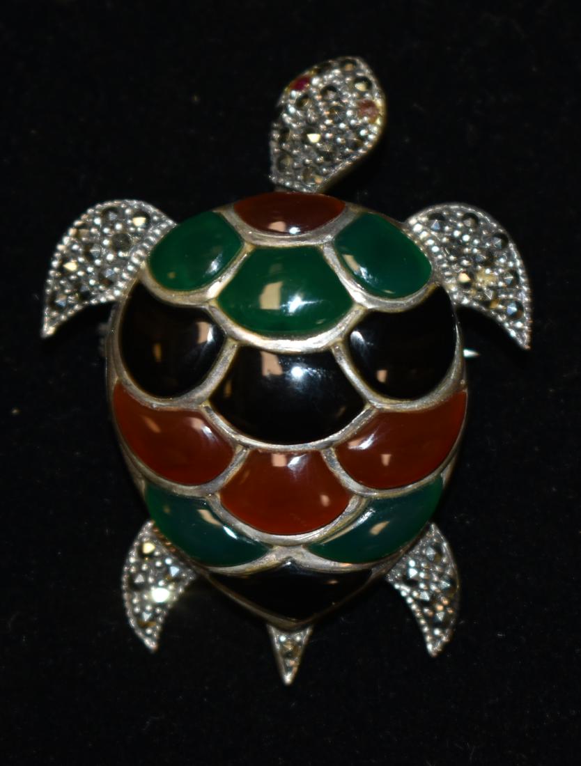 Inlaid Sterling Turtle Pin: Item is a bobble head pin with carnelian, onyx and celadon inlay.