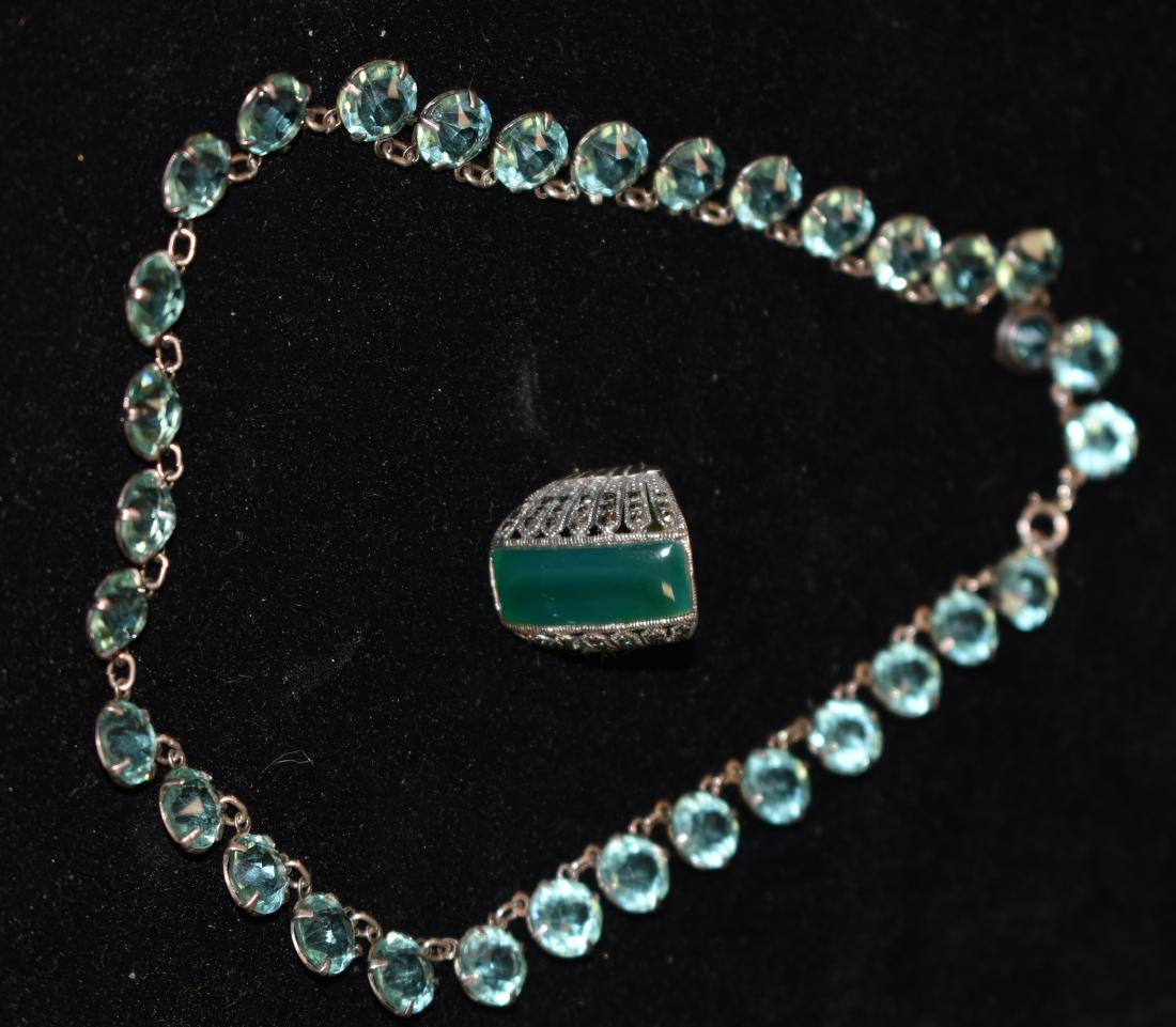 Vintage Sterling Necklace and Ring: Including a 1930's necklace with blue stones and a ring with celadon and marcasite stones.