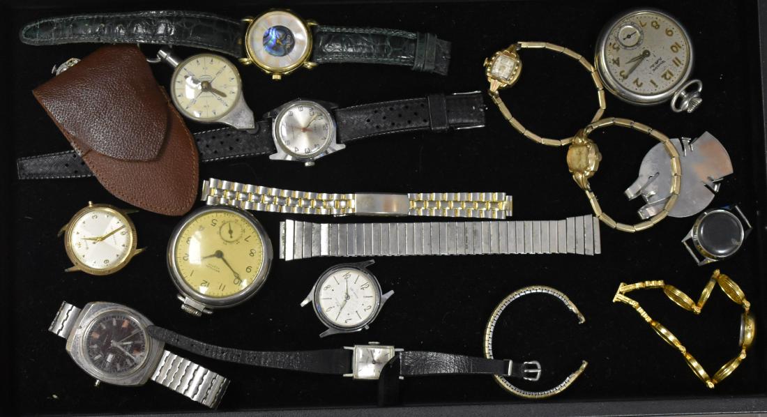 Collection of Watches: Including a Westclox Scotty pocket watch, a Bulova self winding watch needing a crystal marked "Swiss", two vintage lady's Bulova wrist watches, a lady's "Andre Bouchard" marked "Swiss" and others.