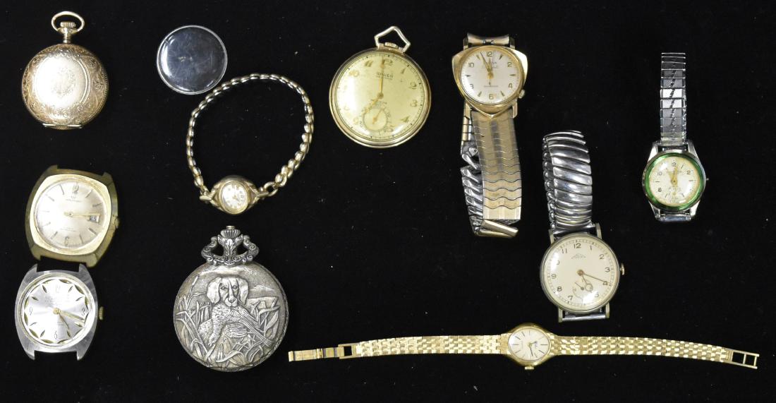 Grouping of Watches: Including a lady's "Edgemere" pocket watch in a hunt case, an "Andre Rivalle" Swiss made pocket watch in a hunt case with a dog on the front and a deer on the back, a "Gruen Veri-Thin" pocket watch, a