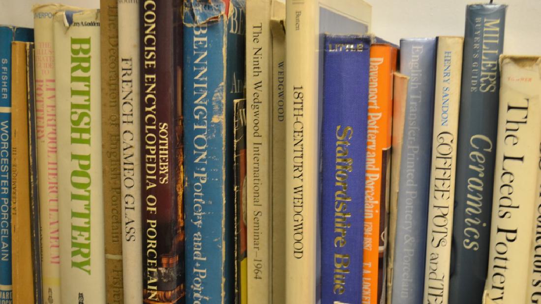 Fifteen Reference Books on Pottery and Ceramics: Including books on Wedgewood, Blue Staffordshire, British pottery and others. Books are from "The Leather Bucket Antique Shop" in Philadelphia, Pa.