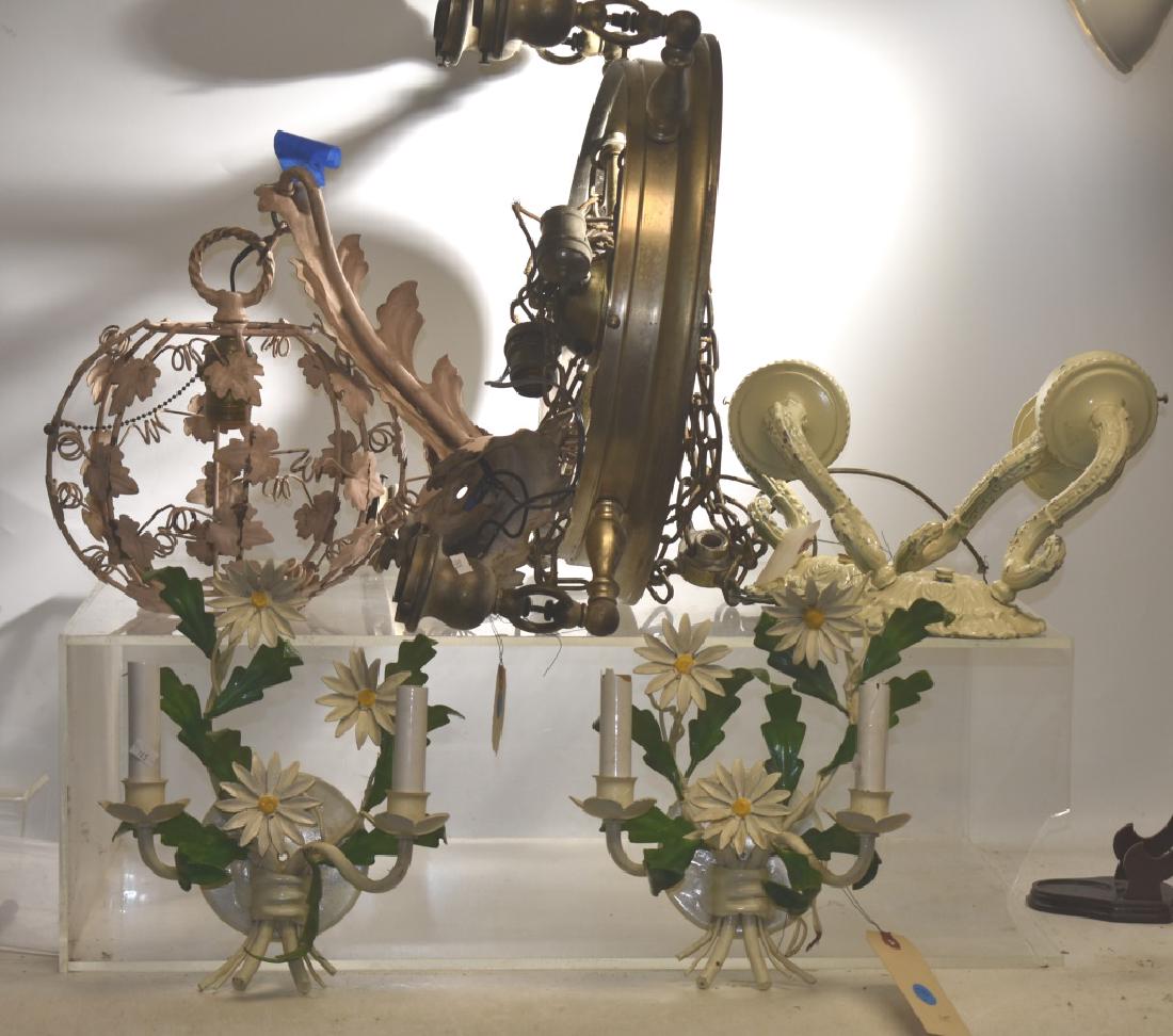 Vintage Lighting Grouping: Including an Italian style wire art hanging lamp, two wire art daisy wall sconces, two vintage double wall sconces and a four arm silver plated ceiling fixture.