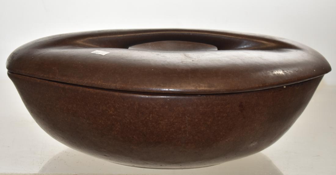 Roseville "Raymor" Covered Bowl: Item measures approx. 14" in length and is marked "Raymor by Roseville USA #185". Item has four small chips on lid.