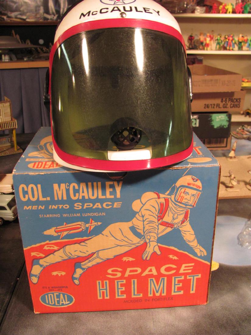 Ideal's 1960 Col. McCauley Space Helmet w/box: Ideal toy by Fields Enterprises "Men Into Space starring William Lundigan" c1960 , no. 4203. Molded in Fortiflex. Original box, size approx 9" x 11" x 9."