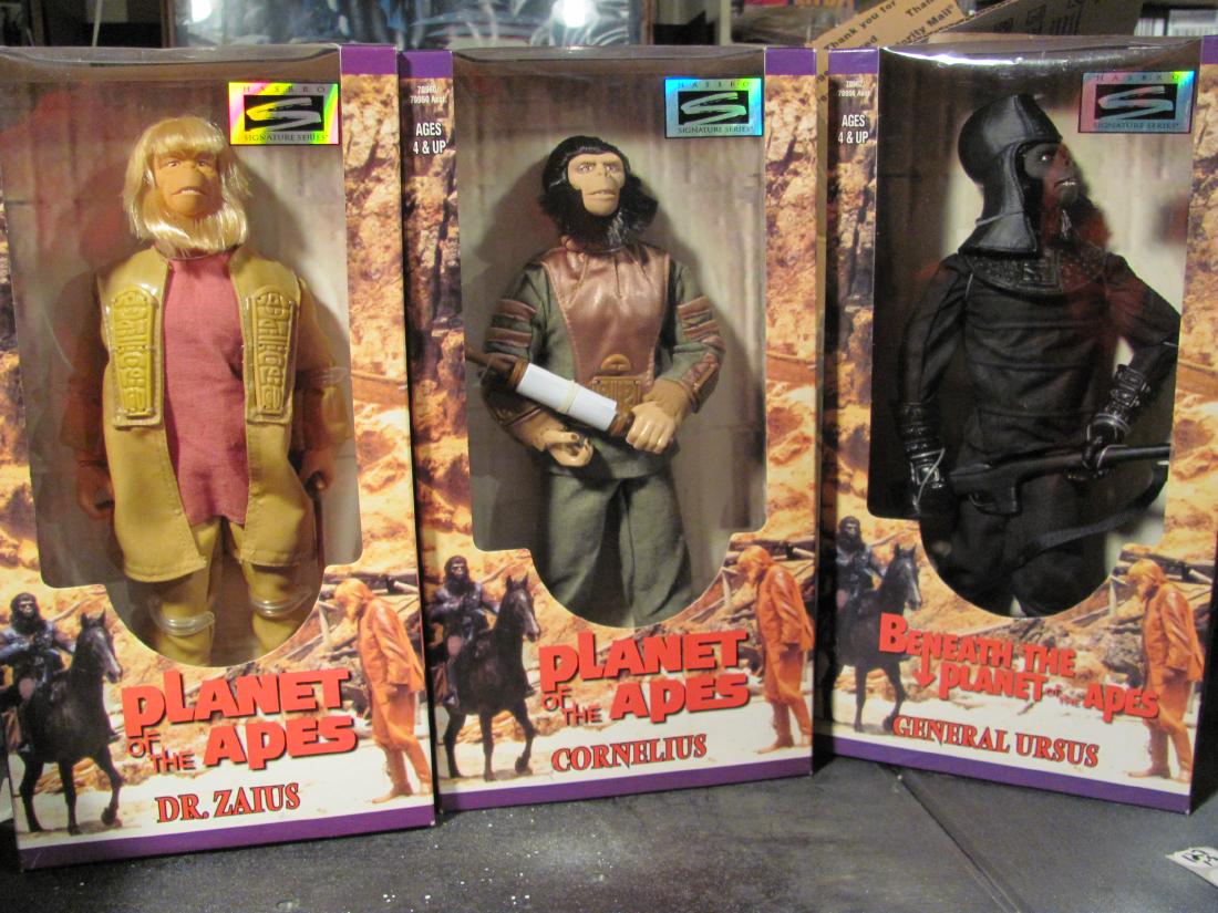 Planet of the Apes Action Figures (3): Hasbro Signature Series, 30th Anniversary Edition, Planet of the Apes figures include Dr. Zaius, Cornedlius, General Ursus. Approx 10" tall, fully poseable figures. Items no. 70960, 70961, 70962. Seal