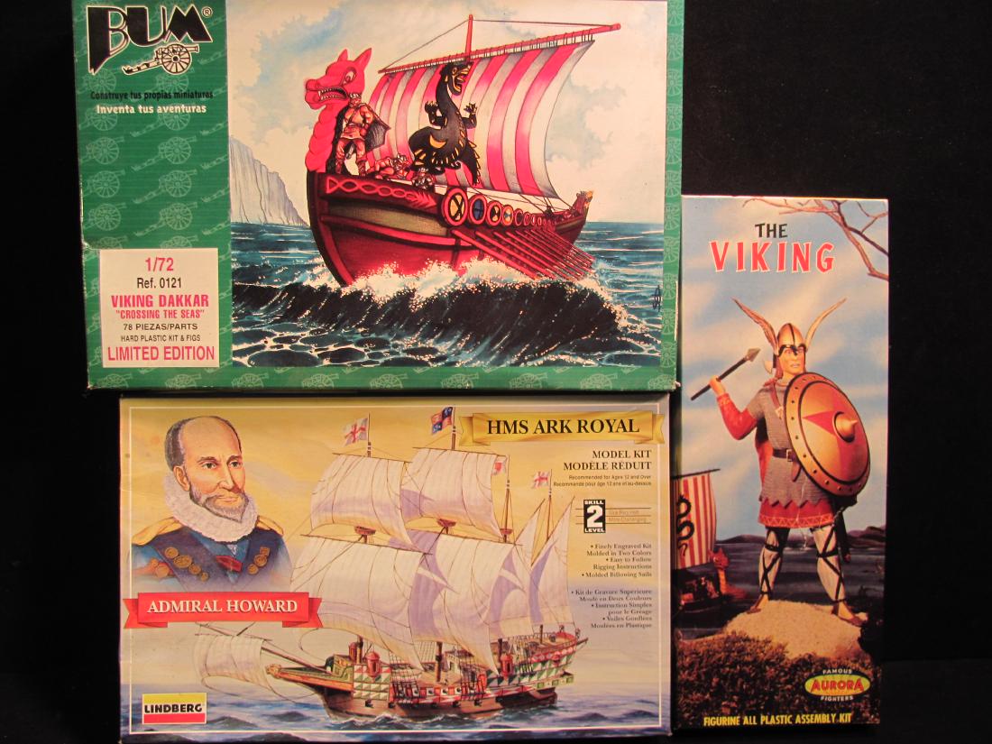 Model Kits (3): Aurora Plastics "The Viking" kit no.K6-98 c1958, Lindberg "HMS Ark Royal" kit no. 70862 c1996, and Bum "Viking Dakkar" ref. 121 c1999- appear complete, unassembled in original boxes. Some loss to boxe