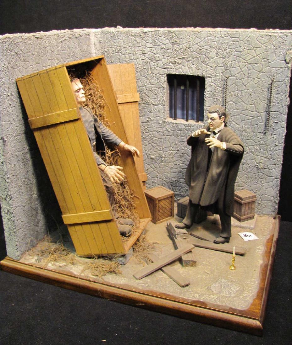 Frankenstein meets Dracula model: Assembled model with custom base, mixed media and plastic, approx 15" x 12" x 13"