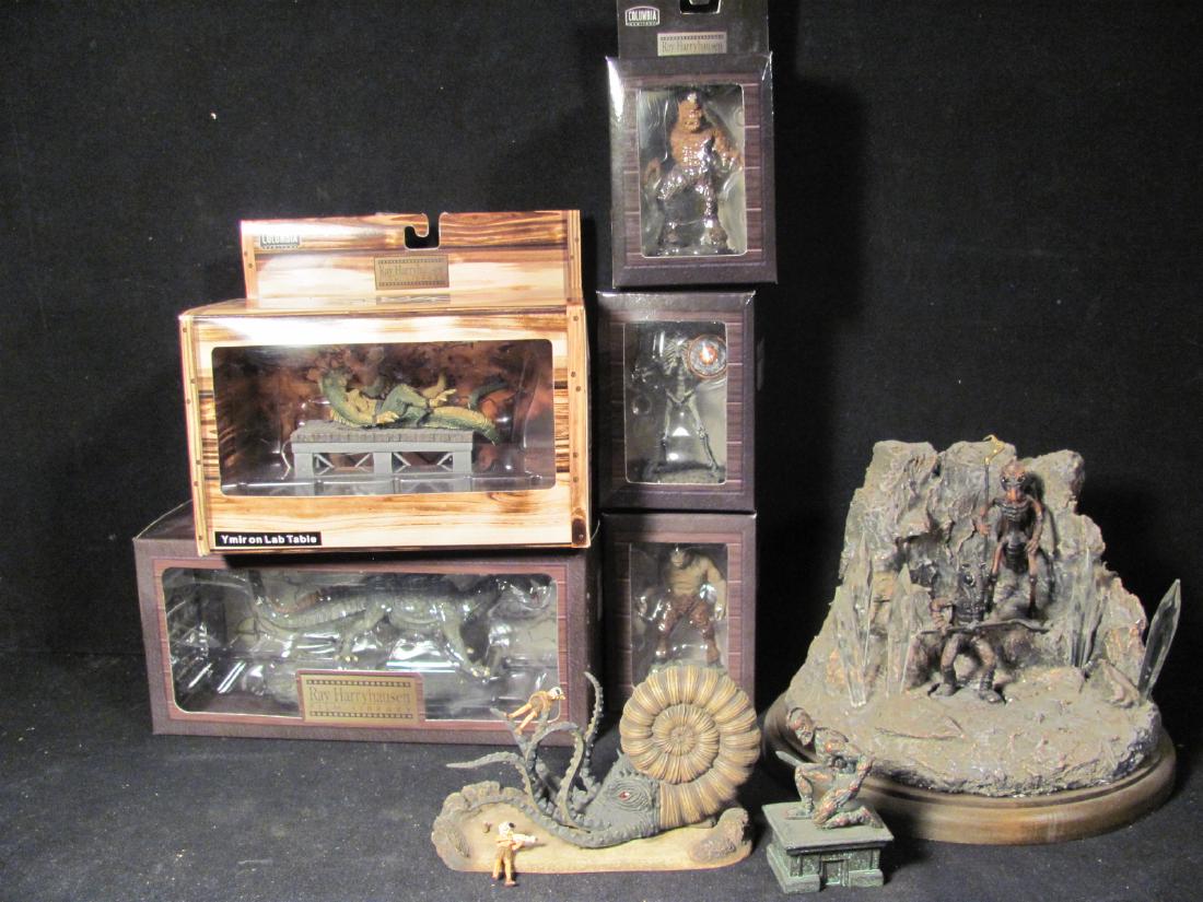 Harryhausen figures (9) and diorama: Two Harryhausen figures in a diorama plus 7 Harryhausen cold cast resin figures with original boxes including a dragon, cyclops, skeleton, Ymir on lab table, a Giant squid and a talos. (9 figures tota