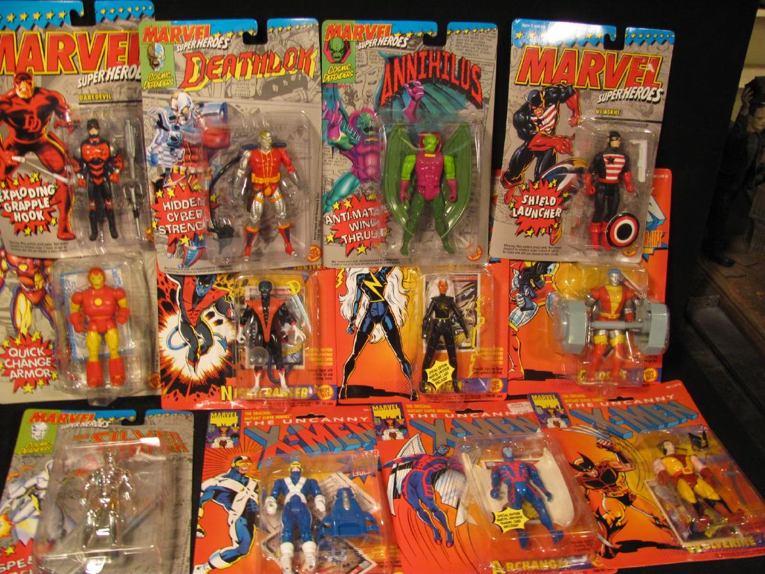 Marvel Superheroes and X-Men Figures (12): Marvel Superhero 4" figures including Silver Surfer, Daredevil, Ironman, US Agent, Annihilus, and Deathlok & X-Men including Cyclops, Nightcrawler, Archangel, Storm, Wolverine , and Colosus. Made by T