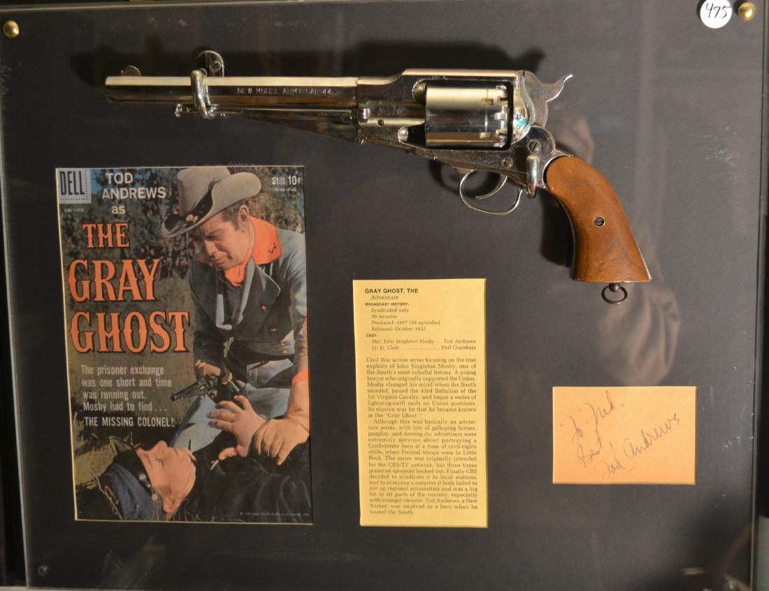 The Gray Ghost custom display w/Denix revolver: The Gray Ghost custom display with mounted high quality cast metal "Denix" replica and autograph, comic book cover, and information card. Approx 17" x 20"