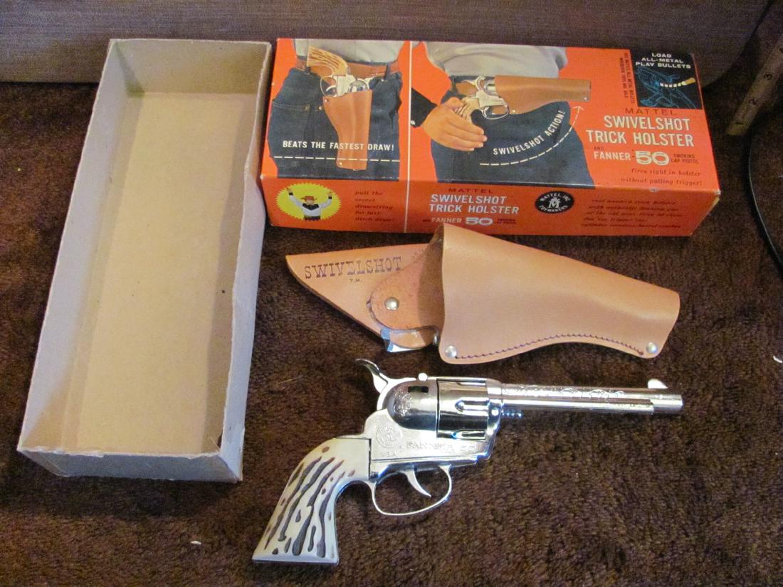 Mattel Swivelshot Trick Holster w/Fanner 50: Mattel Swivelshot Trick Holster with Fanner 50 Cap Gun c1958 in excellent condition with original box (box has some wear).