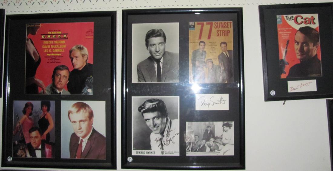 Vintage TV autograph collages (3): including (1) The Man from UNCLE with album cover and two autographed pictures, (2) 77 Sunset Strip comic book cover, 2 autographed pictures, extra picture and autograph, (3) The Cat comic book cover
