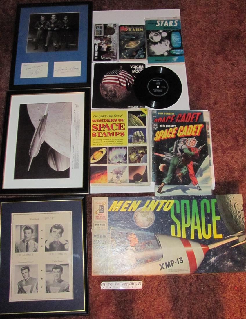 Vintage Space TV Show Collectibles: including (1) Milton Bradley Men Into Space game, complete in original box, (2) 2 Space Cadet comic books 10cents, (3) Space Patrol framed picture of actors, (4) Space Patrol framed picture of Terra V