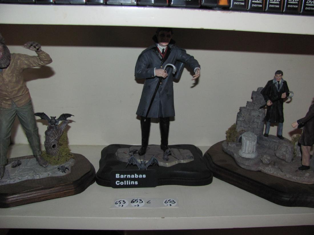 Dark Shadows Models (3): Dark Shadows models assembled and custom painted on wood bases - Barnabas and Werewold models are plastic. Third model is a scene with Barnabas, model is likely resin.