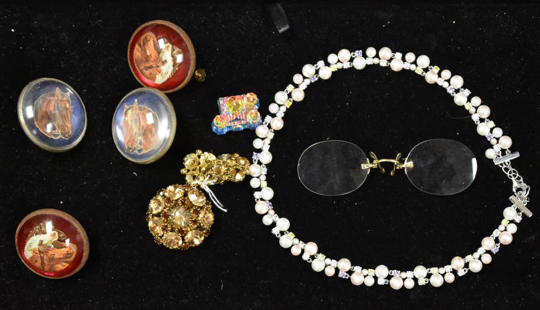 Lenox Sterling Necklace & Other Items: Including Lenox Sterling faux pearl necklace. four horse bridal pendants and a pair of vintage eyeglasses.