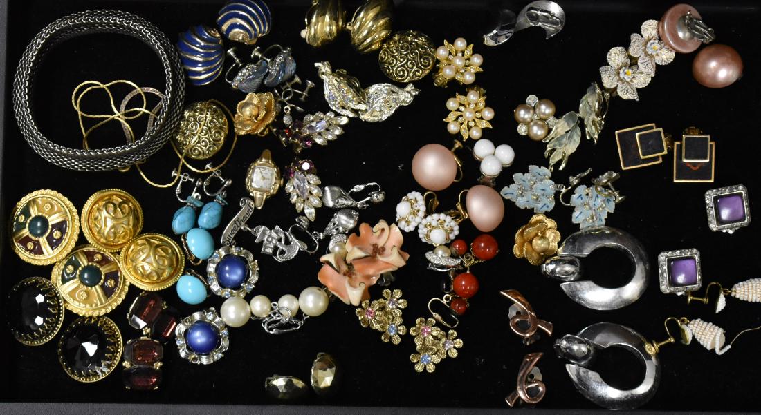 Vintage Clip Earrings and other Quality Items: Includes floral clip earrings, clip earrings with colored stones, a mesh bangle bracelet, a lady's vintage Bulova watch and other quality items.