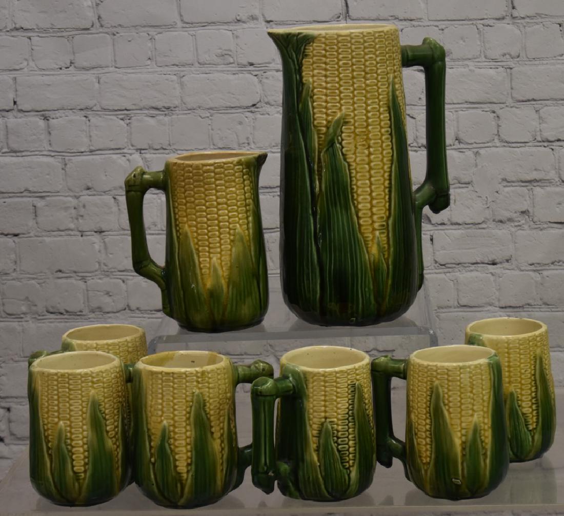 Large Majolica Corn Pitcher and Mugs