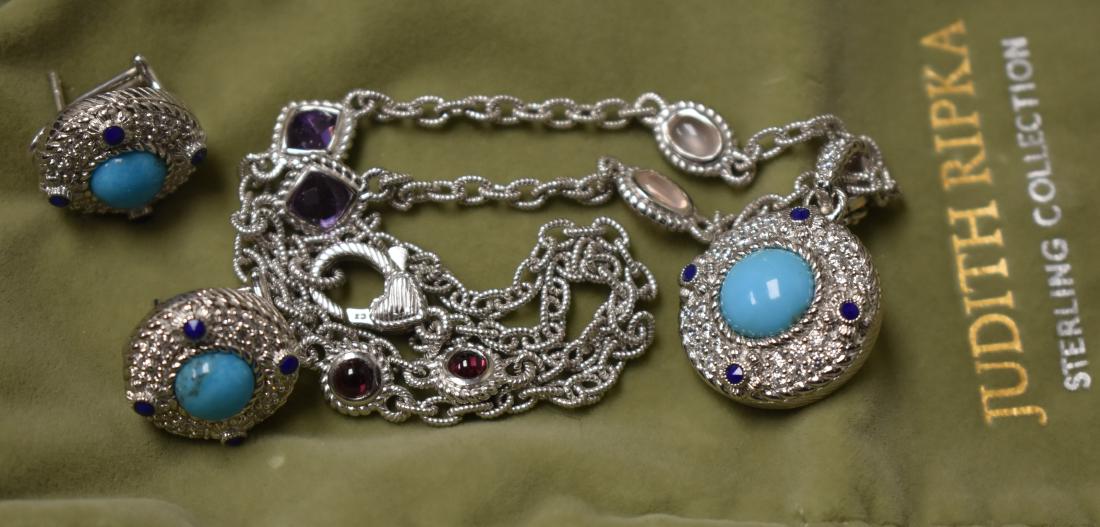 Designer Judith Ripka Sterling Grouping: Sterling link necklace with amethyst and garnets in chain and turquoise in pendant, matching earrings.