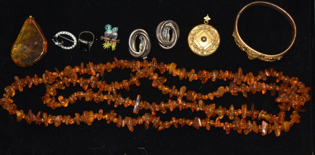 Sterling, Amber and Victorian Jewelry: Including an extra long amber necklace, a large amber pendant, a Victorian bracelet with a lion, a vintage floral locket, Mexican sterling clip earrings, an sterling love bird pin and other quality it