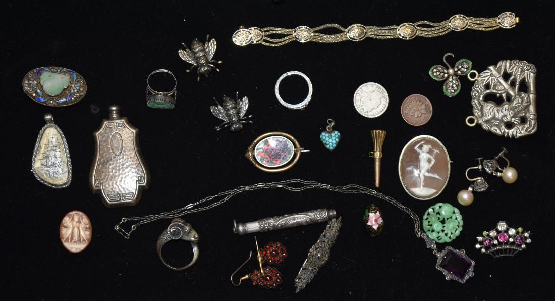 Antique Victorian And Chinese Jewelry: Jade and enamel ring, pendant in sterling silver, 18th/19th century carved bamboo tiger (signed), Cameo, Sterling, Garnet jewelry, amethyst necklace, watch key, and other