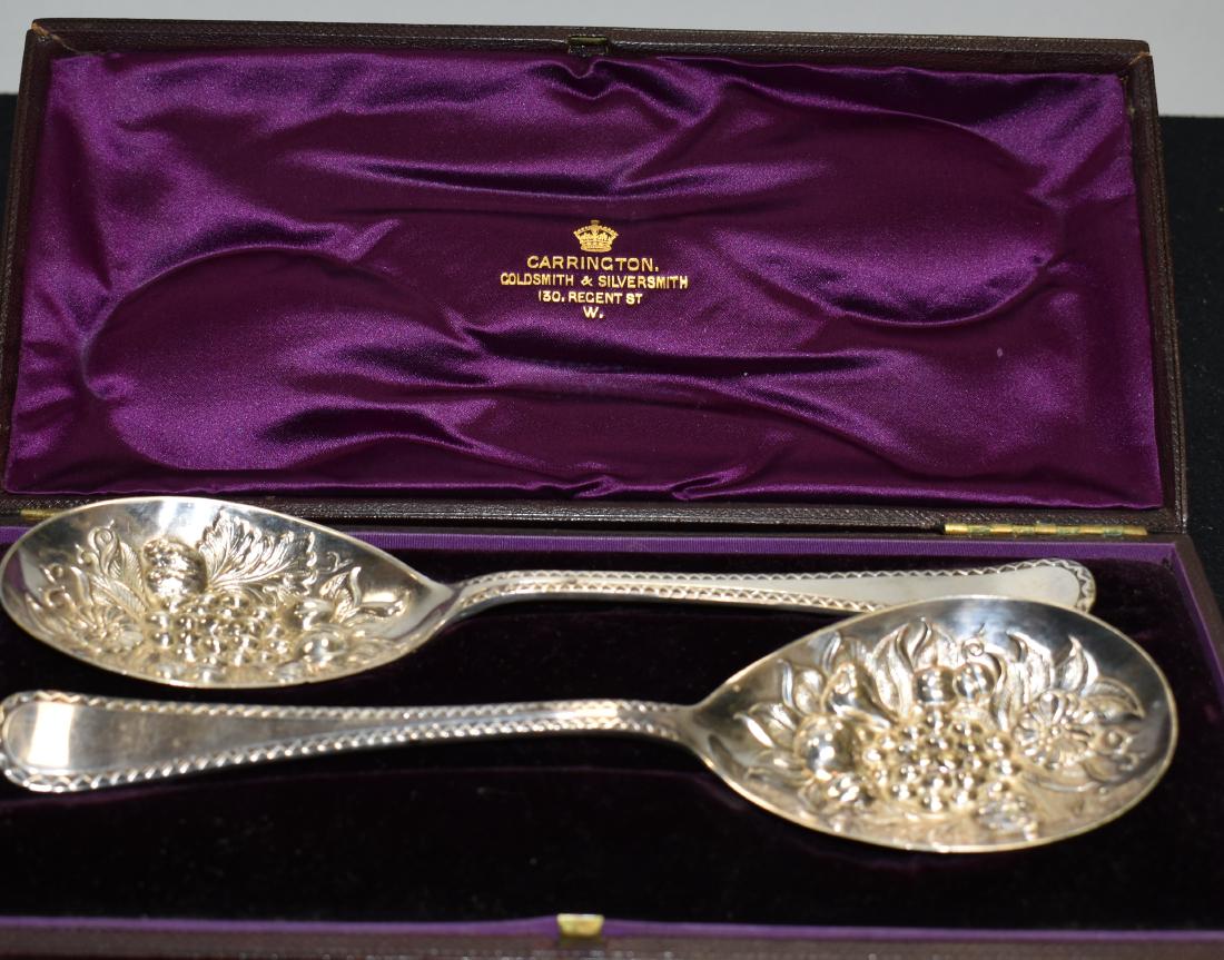 English Antique Repousse Fruit Spoon: In the original leather fitted box from London marks, believed to be nickle silver