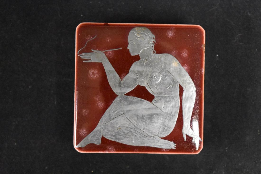 1939 Worlds Fair Wilhelm Kage Pottery Box: This is a rare Wilhelm Kage pottery trinket box with sterling overlay for Gustavsverg; picture of anchor, KAG .925; also with remnants of a 1939 worlds fair sticker of nude woman holding a cigarette h