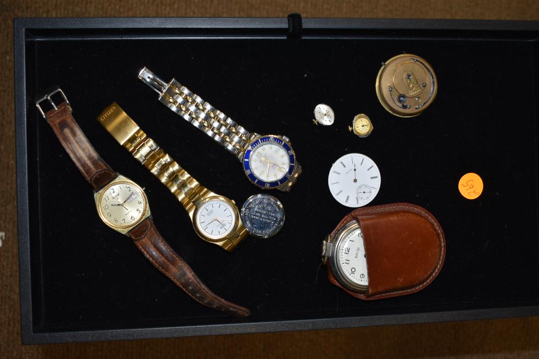 Watch, Stopwatch & Pocket Watch group: including Longines antique pocketwatch movement (1 diamond hand and one missing hand), Citizen Men's watch, Raymond Weil, Pulsar and Westclox Bullseye.