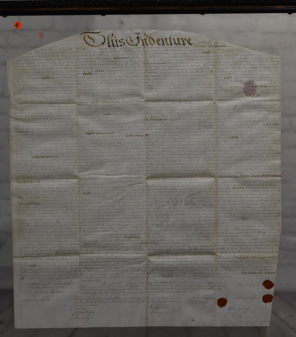 Chester County, Pa Indenture Dated 1818: Item measures approx. 28"h x 25"w. It has four red seals on the front with various signatures on the front including Robert Johnson, Joshua Taylor, Joshua Weaver and Benjamin Yarnall. It is dated 1818
